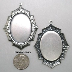 #4163 ANTIQUED STERLING SILVER PLATED 32x24mm BEZEL W/TOP HANG RING – 2 Pc Lot