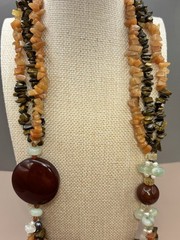 Vintage Natural Gemstone Multi Strand Boho Tigers Eye Carnelian Pearl 28”