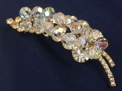 Verified Sparkly Vintage JULIANA D&E Clear AB Bead Gold Tone Leaf Pin Brooch
