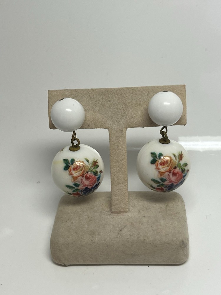 VTG W Germany White Lucite Floral Roses Beaded Post Dangle Earrings