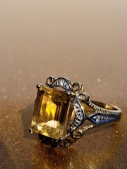 Vintage 10K Gold 3CT Emerald Cut Citrine Diamond Accent Estate Cocktail Ring