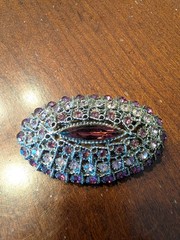 Vintage MCM Oval Purple & Pink Rhinestone Silver Tone Pin Brooch 2.5 inches
