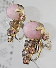 Victorian Pink Molded Glass Gripoix Cabochon Purple Enamel Screw Earrings 1 1/8″
