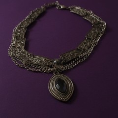 Vintage Gothic Antiqued Silver Tone Filigree Panel Marquise Rhinestone Necklace