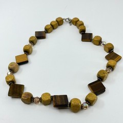 Vintage Earthy Tiger’s Eye & Wooden Square Bead Boho Statement Necklace Classic