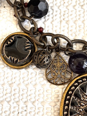 Vtg. Victorian Style Necklace Star Pendant Cameo Charms Black Glass Beads Brass