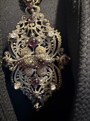 12.71 Vintage Gothic Filigree Pendant Necklace Purple Glass Rhinestone Statement