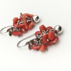 Vintage Sterling Silver Red Orange Coral Flower Hook Dangle Earrings 8.9g #97