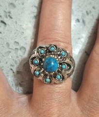 Vintage Coctail Ring Blue Cabachon Dome Dark Silver Tone Ornate Band Adjusts