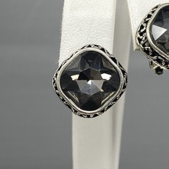 Smoky Gray Glass Rhinestone Stud Earrings Clip On Silver Tone Geometric Edge .75