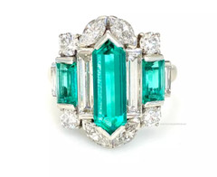 Fancy Cut Vivid Green 14.68CT Emerald With Old European Cut CZ Art Deco Ring