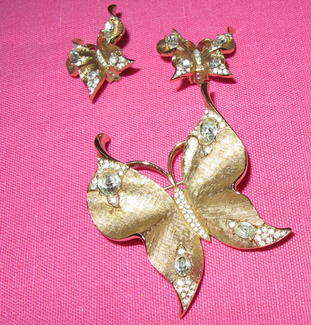 Crown Trifari Alfred Phillipe BIG Butterfly Pin+Earring GT Set~Book Piece~FREE H