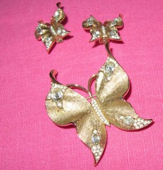 Crown Trifari Alfred Phillipe BIG Butterfly Pin+Earring GT Set~Book Piece~FREE H