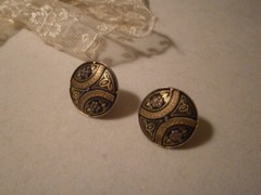 Vintage Damascene Gold Silver Black Domed Round Screw Back Earrings