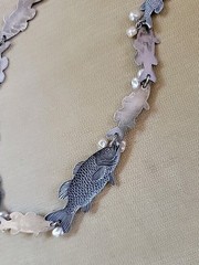 Repousse Silver Tone FISH Choker Necklace w Pearls 17 inches Scarce