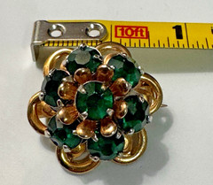 Vintage Designer Barclay Green Rhinestone Flower Brooch Gold Tone Old Money