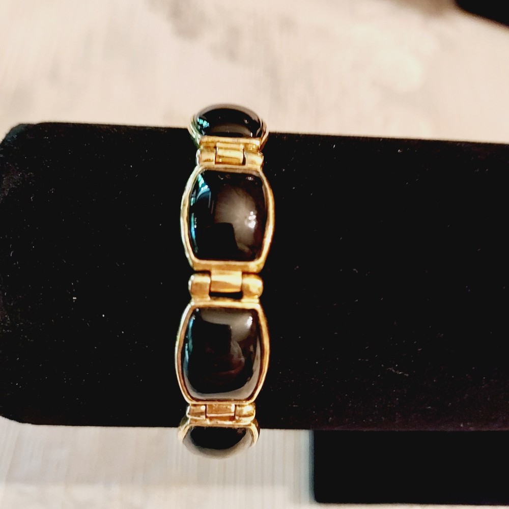 Vintage Gold Over Sterling Silver 925 Bracelet Black Stone Beautiful Signed HK