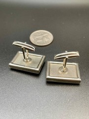 Vintage Mid Century Modernist Enamel Rectangle Silver Tone Cufflinks Art Glass