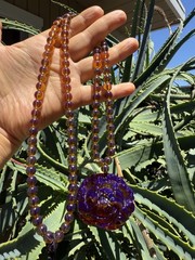 vintage 100% Natural Burmese Amber Necklace With flower carving Pendant