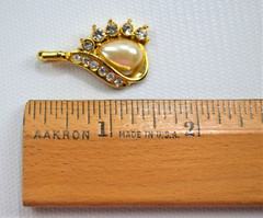 Vintage Gold Tone Large Faux Pearl Teardrop Pendant With Rhinestones 1.5″