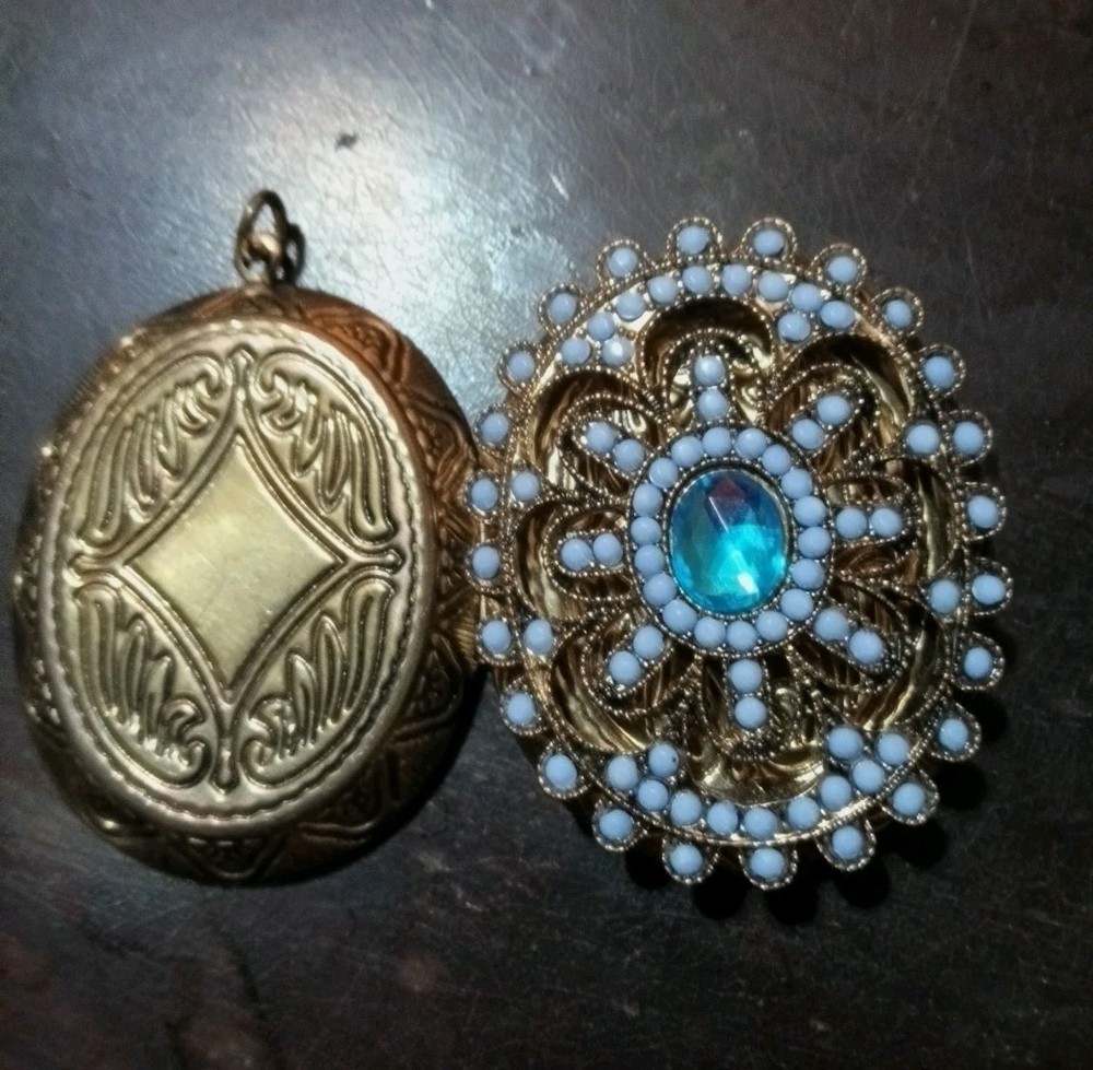 Gold Embossed Locket With Aqua Rhinestone Intricate Filigree & Blue Beads
