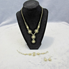 Vtg Wire Filigree Necklace 17” & Bracelet 7” Earrings Faux Pearls Set Boho 1980s