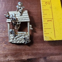 Wishing Well Brooch Goldtone Pin Vintage Cherubs Brooch Signed AJC