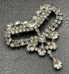 Vintage Art Deco Large Rhinestone Bow Brooch Pin Crystal Dangle Drop High End