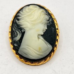 Gold Tone Cameo Brooch Oval Blue background – 1 5/8″ x 1 3/8″