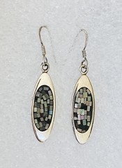 Vintage Sterling Silver Abalone Mother Of Pear Mosaic Oval Dangle Hook Earrings
