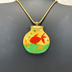 Vintage Cloisonne Fishbowl Pendant Vibrant Enamel Red Fish & Yellow Green Accent