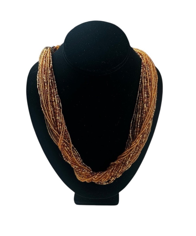 Vintage Miriam Haskell Amber Gold Seed Bead Torsade Multi Strand Necklace