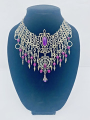 Vintage French DLH DEPOSE Necklace Bib Statement Pewter Purple 14.5″ Costume