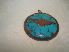Vintage Copper by Bell Faux Turquoise Pendant With Thunderbird 1 3/4 In. KJ