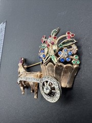 Vintage Donkey Flower Cart Rhinestone Brooch Pin J110