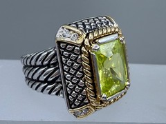 ESTATE GOLD SILVER PLATED MIX METAL CABLE LIME GREEN CRYSTAL UNISEX RING SIZE 5