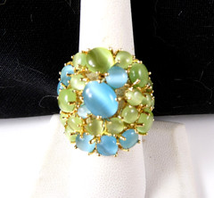 Pretty Blue & Lime Green Cocktail Ring Size 8 Moonstone Cabochons Gold Tone