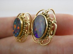 Antique ARA Art Deco 9k Yellow Gold Opal Doublet Screwback Earrings 4.3g .75 In