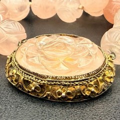 Chinese Export Blush Pink Carved Rose Quartz Necklace Floral Pendant 17 Inches