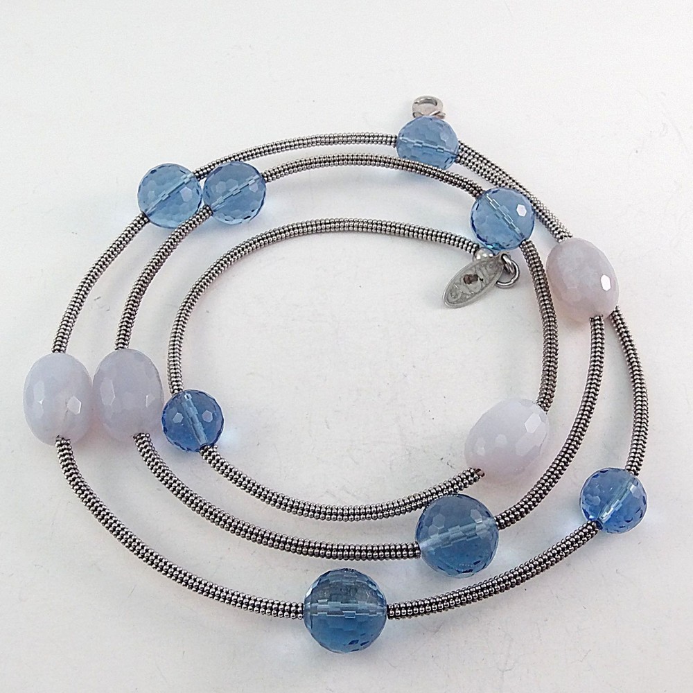 Vtg OXETTE 925 Sterling Silver Chalcedony Crystal Bead Long Necklace 35.5″ Boho