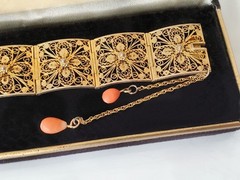 Antique Italian Gilt Silver Filigree Panel Bracelet, Natural Salmon Coral Drops