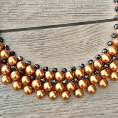 Triple Layer Golden Faux Pearl Beaded Statement Necklace Short