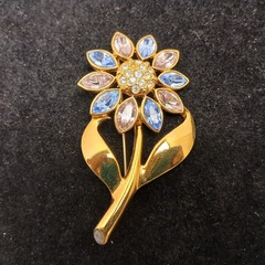 1960s Style Floral Pastel Blue & Pink Rhinestone Flower Brooch
