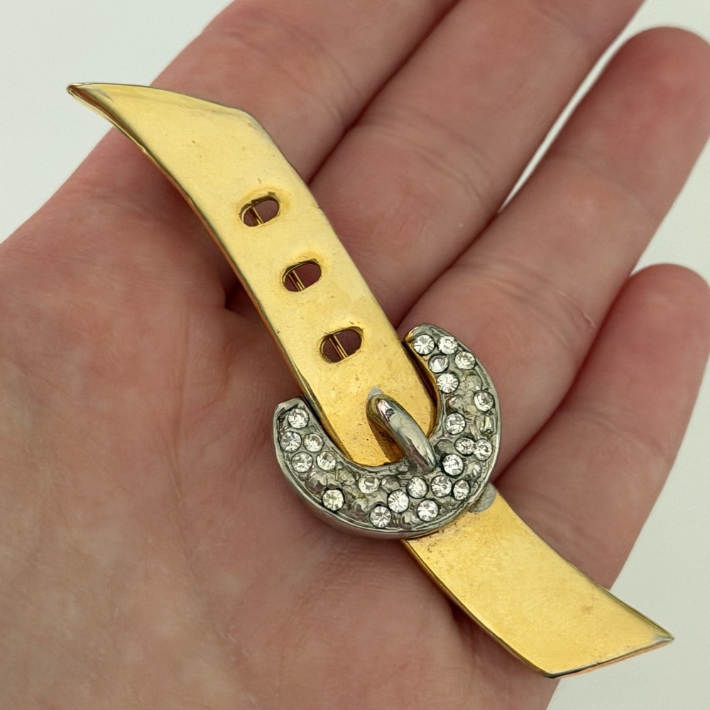 Vintage Clear Rhinestone Gold Tone Belt Buckle Brooch Pin