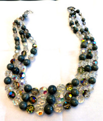 Vtg 1960 Christian Dior Signed 3 Strand Gray Art Glass AB Crystal Bead Necklace