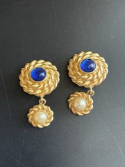 Gold Tone Floral Brooch Earrings Set Statement Purple Blue Green Dangle Drop