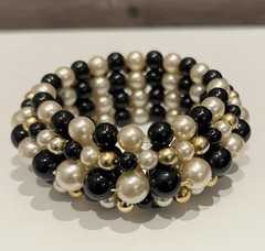 Vintage Faux Pearl Gold & Black Stretch Band Bracelet Fits All