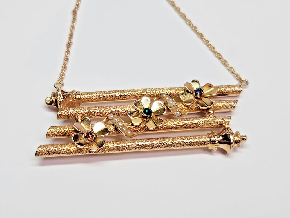 UNIQUE & Pretty 14k Textured & Floral 4 Bar Simulated Gem Pendant 17.5″ Necklace