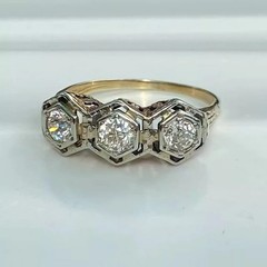 Lab Created Diamond Art Deco Three Stone Round Cut 14K Gold Finish Wedding Ring