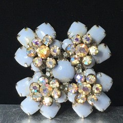 Vtg Maltese Cross Blue Milk Glass Brooch Pin AB Crystal Floral Accents 2.4″